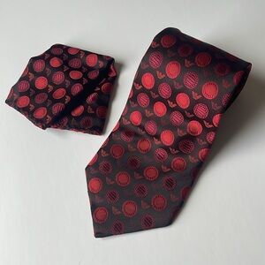 Giorgio Armani Luxury Silk Jacquard Necktie/ Pocket Square Set Red Logo on Black